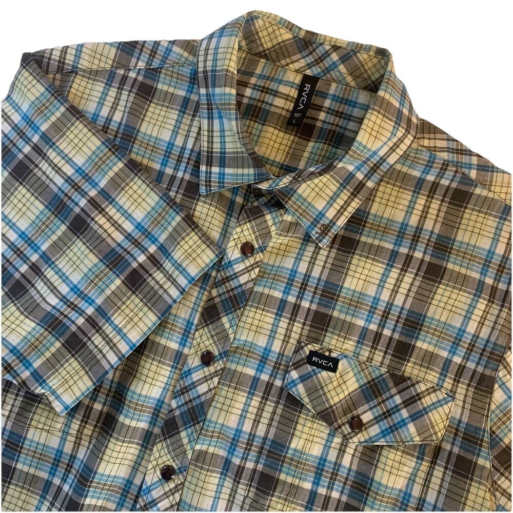 RVCA Men's Size Large Plaid Snap Front Short Sleeve Shirt 100% Cotton Western